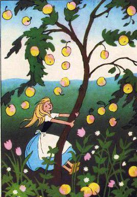 девочка трясет яблоню яблоки падают на землю