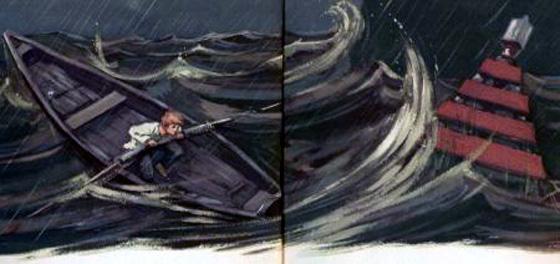 мальчик в лодке в шторм