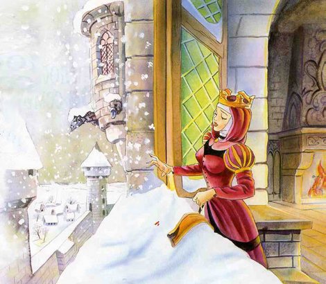 королева уколола иголкой палец и капелька крови упала на снег