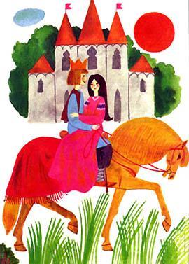 Бартек верхом на коне с принцессой у замка
