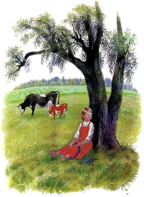 девочка пасет коров на лугу