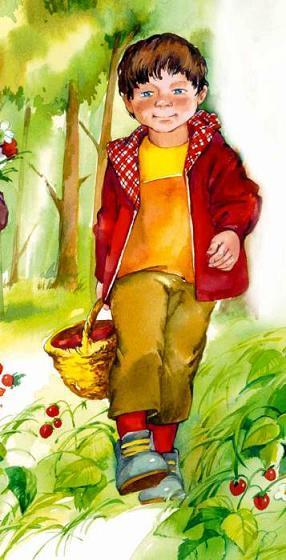 мальчик с корзинкой идет по лесу