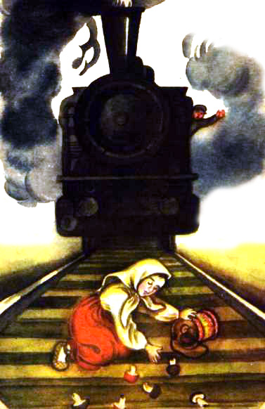 Девочка собирает грибы перед поездом