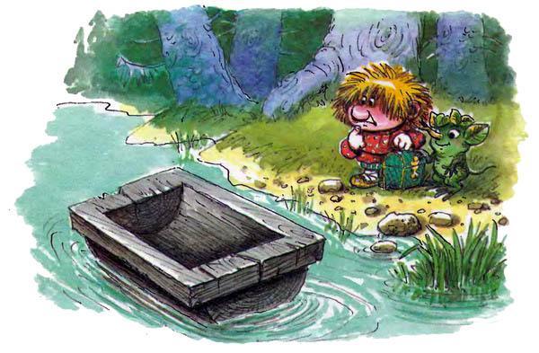 Домовёнок Кузька и Лешик на берегу реки в воде корыто