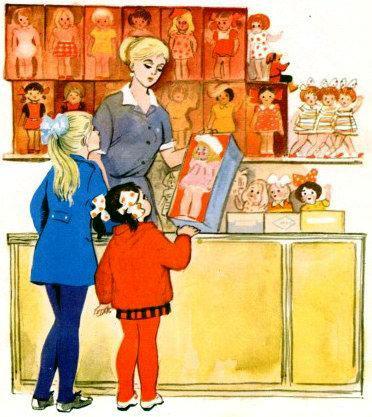 девочки выбирают куклу в магазине