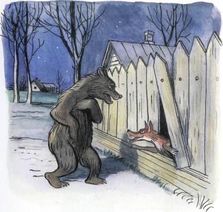 Дядя Миша медведь и лиса в деревне у дыры в заборе