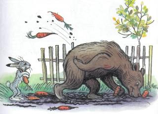 Дядя Миша медведь в огороде рвет морковку заяц косой