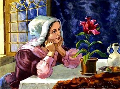 женщина у окна и роза в горшке