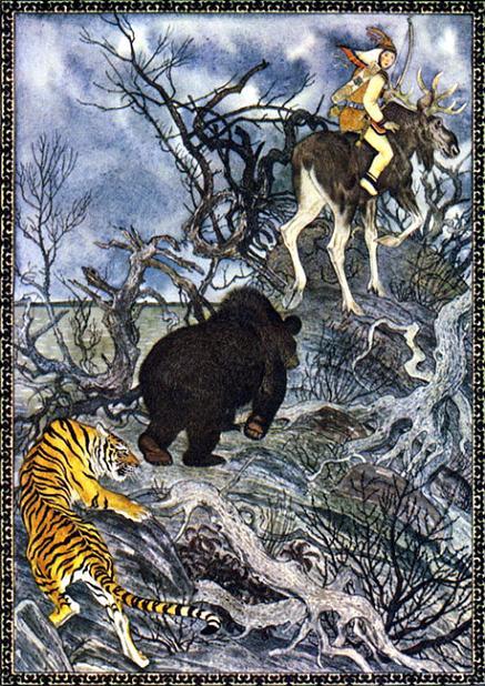 Карпамди – меткий стрелок верхом на лосе за ним тигр и медведь