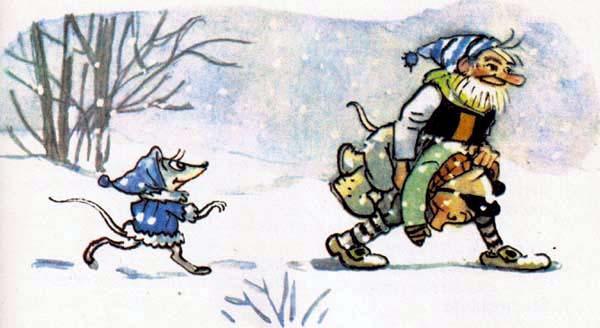 Гном Гномыч и мышка идут по снегу зима