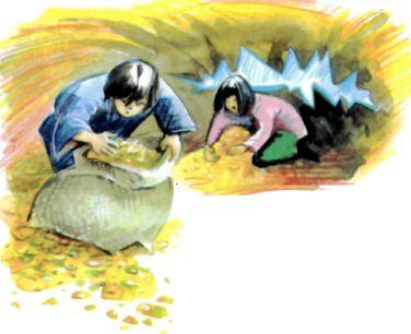 муж и жена собирают золото в мешок