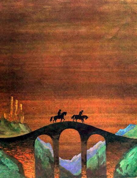 всадники на лошадях едути по мосту ночью