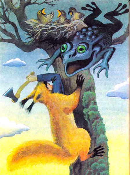 охотник в шкуре рыси карабкается на дерево к гнезду и огромная жаба