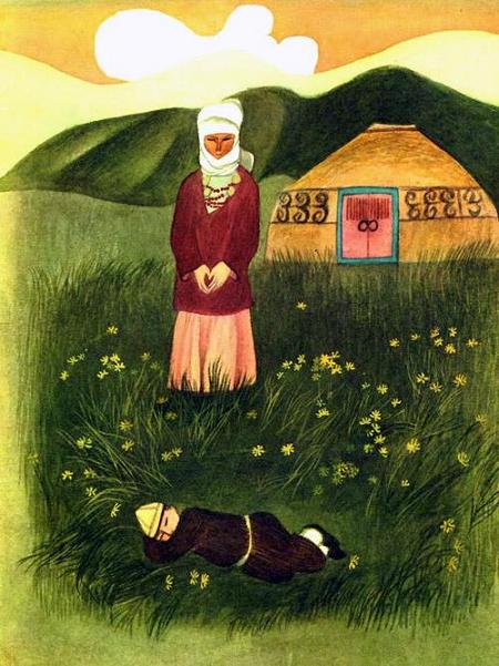 мальчик спит в поле и его мать у юрты