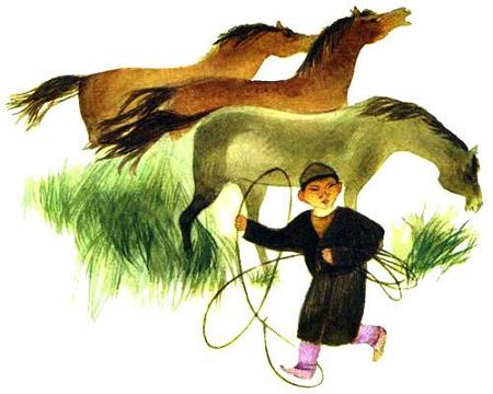 маленький мальчик с арканом и табун лошадей
