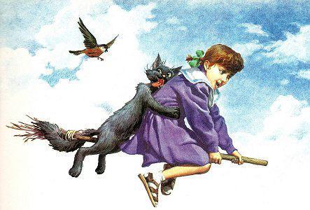 девочка и кот летят на метле по воздуху