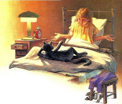 девочка и кот в спальне