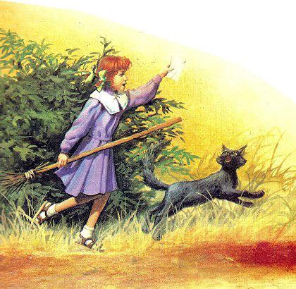 девочка с метлой и кот бегут