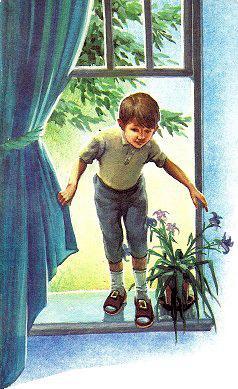 мальчик залез в окно стоит на подоконнике