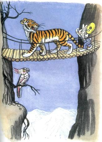 заяц в шляпе и тигр нед пропастью на подвесном мосту