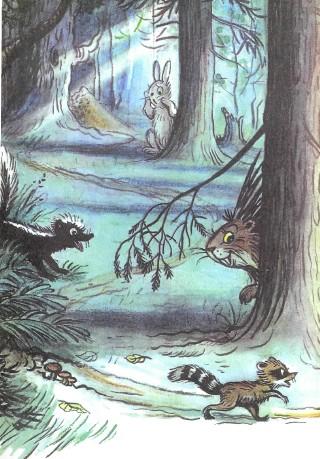 енот идет через лес заяц дикобраз скунс