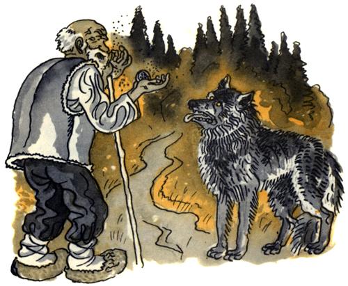 Волк и старик нюхает табак