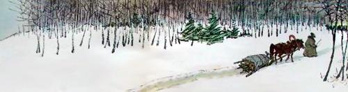 мужик сквозь лес зимой с санями