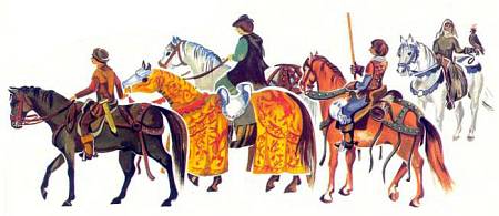 Рядом с боевыми конями рыцари вели лошадей, нагруженных доспехами, оружием и провизией