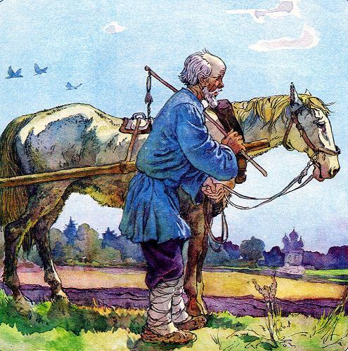 Старик рядом с лошадью говорит барину