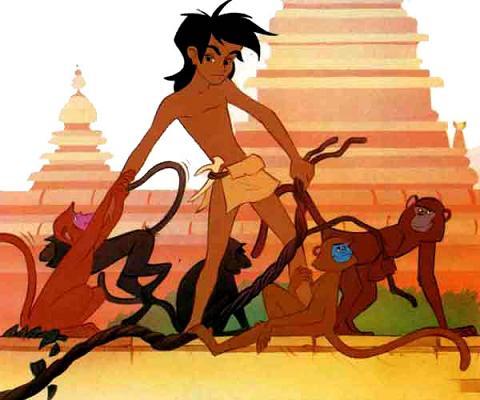 Маугли держит за хвост обезьян