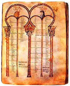Страница из испанской Библии, украшенная стилизованными мавританскими арками.