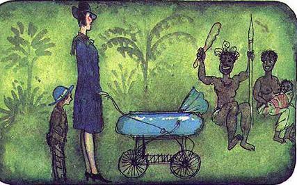 Мэри Поппинс с коляской и черные нагие женщина и мужчина с ребенком