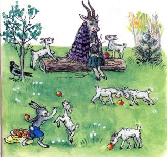 заяц угощает яблоками козлят и козу