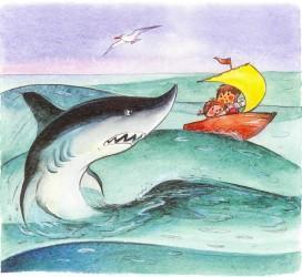 акула в море на кораблике мальчик и девочка