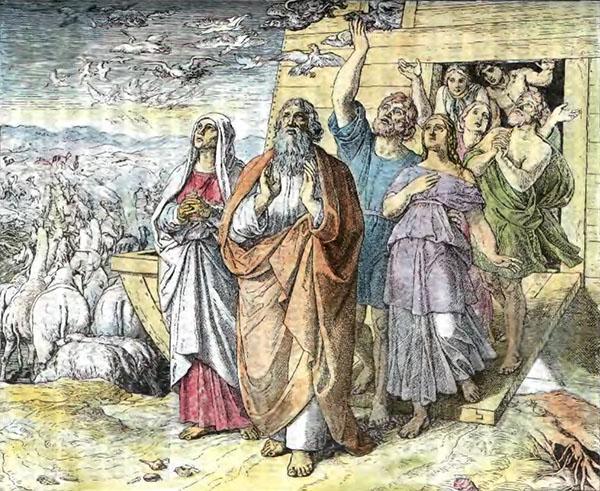 Ной с женой и детьми выходят из ковчега