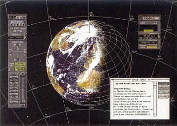 День и ночь на Земле, вращающейся вокруг Солнца. Кадр из записанного на компакт-диске курса астрономии, в котором объясняются многие космические явления, показанные в фильме со спецэффектами.