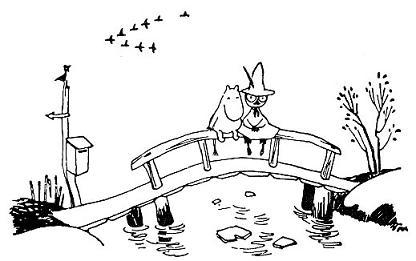 Муми-тролль и Снусмумрик сидят на перилах моста