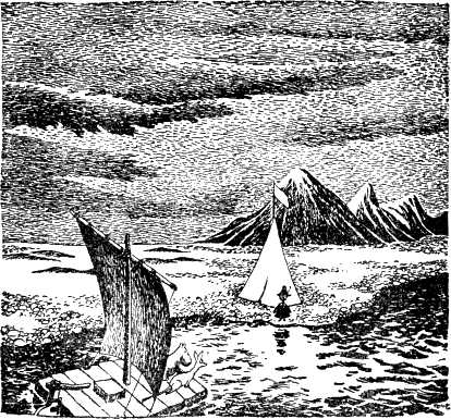 Муми-тролль и Снифф плыли на плоту и увидели на берегу Снусмумрика с губной гармошкой в лапах