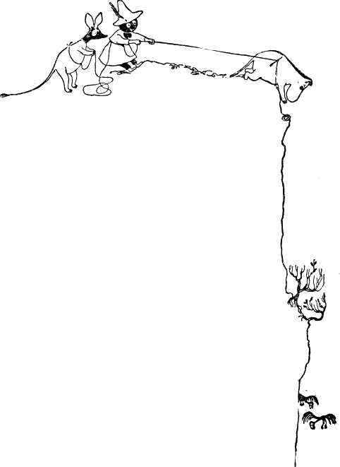 Снифф и Снусмумрик в горах спускают Муми-тролля привязав его веревкой