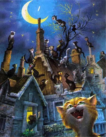 коты ночь на крыше луна