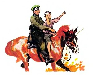 На заставе пограничник на лошади с мальчиком