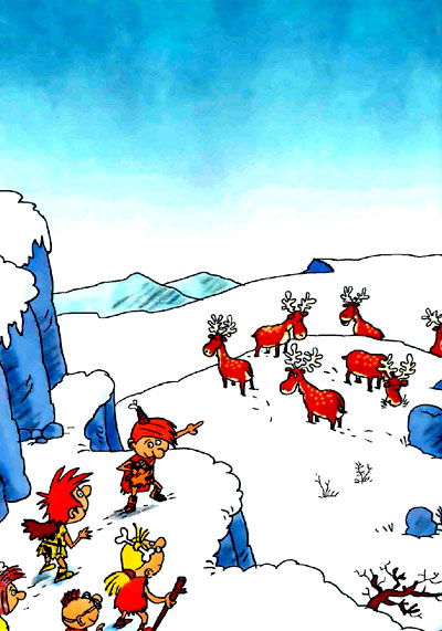 Неандертальские дети и олени на снегу
