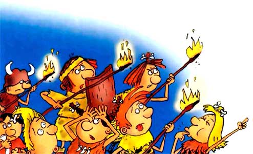 Неандертальские дети с копьями огонь