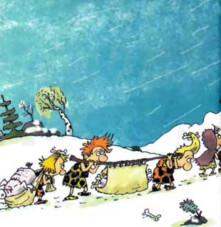 Неандертальские дети идут по снегу
