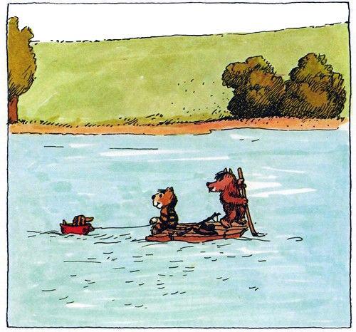 медвежонок и тигрёнок плывут на плоту по реке