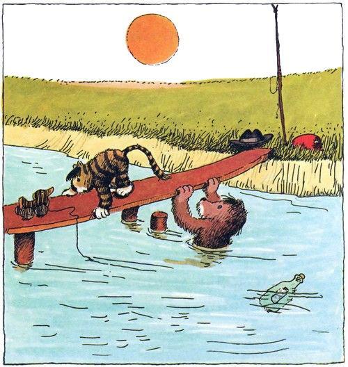 медвежонок держит мост соя в воде и тигрёнок на мосту