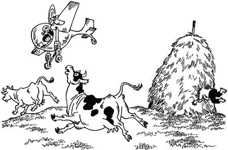 дети на вертолёте распугали коров на лугу