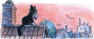черный кот на крыше дома у трубы