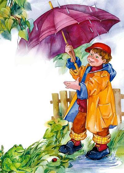 мальчик идет под дождем под зонтом в плаще