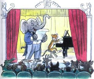 слоненок и тигренок выступают на сцене рояль